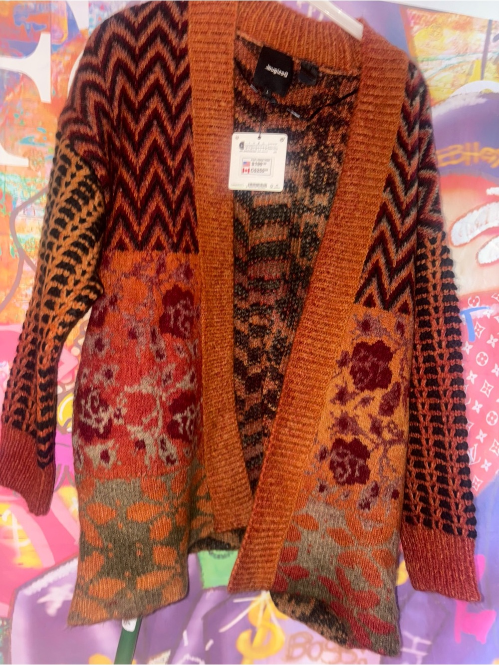 Desigual Burnt Orange Multi-Pattern Open-Front Cardigan